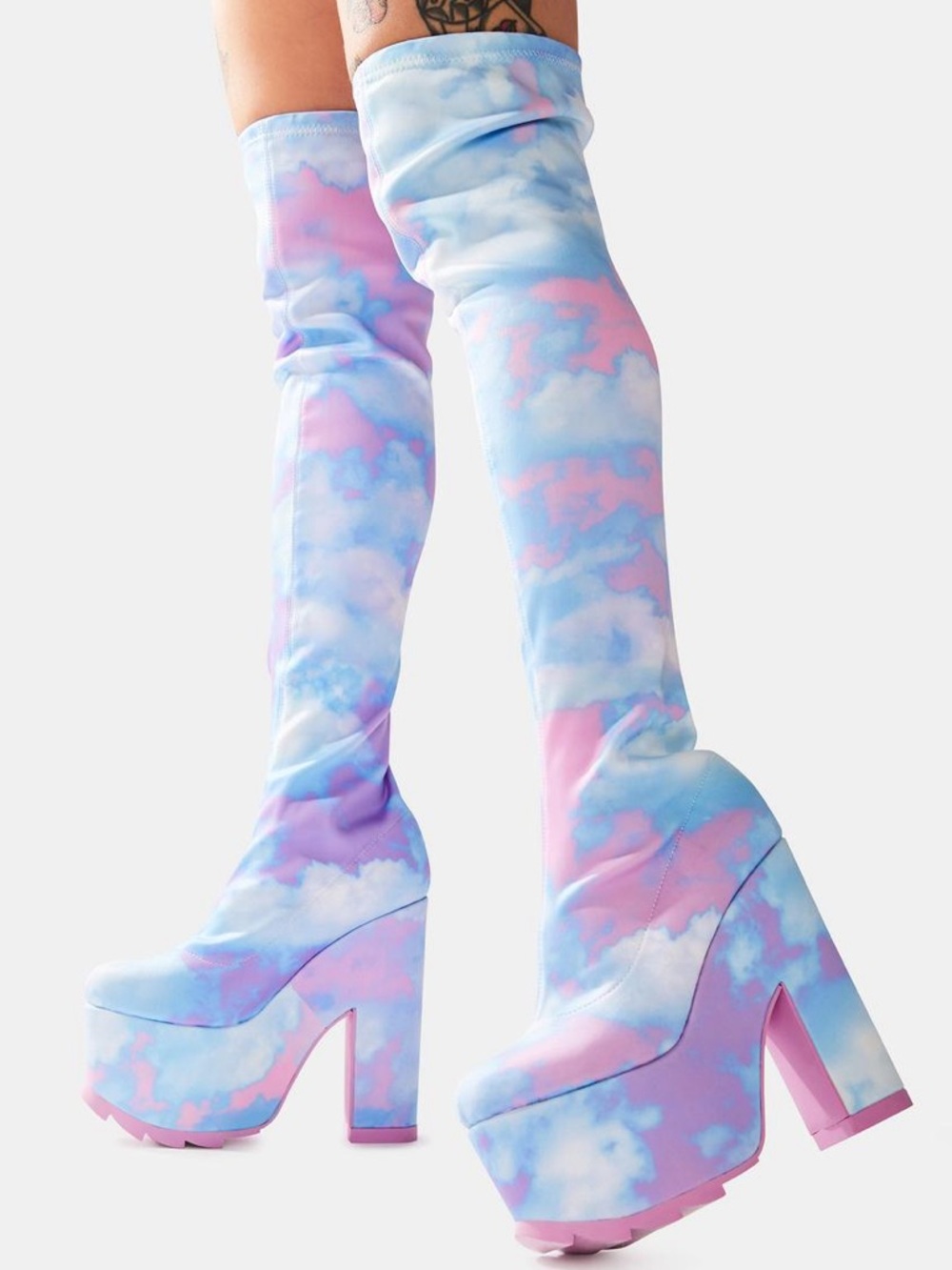 Platform Thigh-High Boots in Pastel Cloud Print